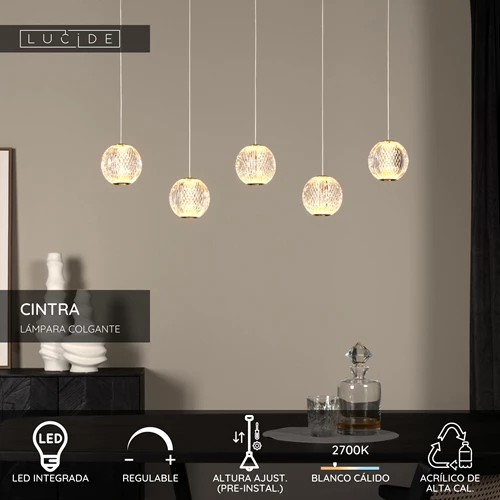 Lucide CINTRA - Lámpara colgante - LED Regul. - 5x4,7W 2700K - Transparente - USP